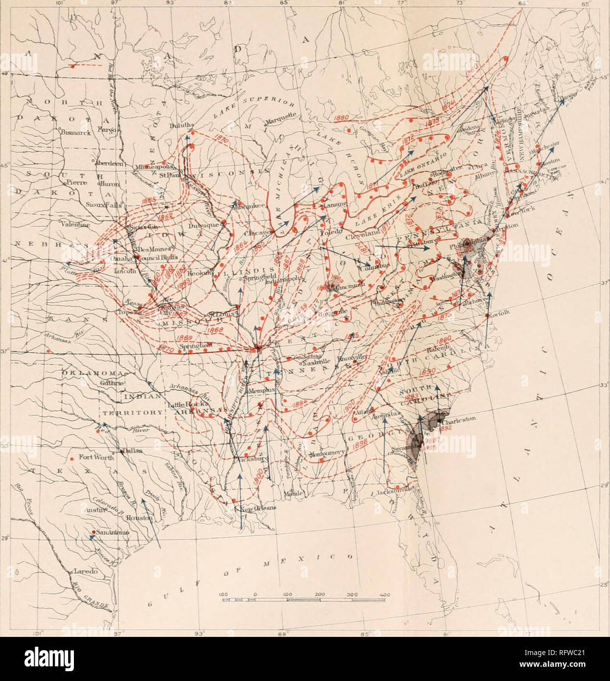 . Carnegie Institution of Washington publication. W. L. TOWER PLATE 8. â MAP OF EASTERN UNITED STATES AND LOWER CANADA SHOWING YEARLY LINES OF ADVANCES OF L. DECEMLINEATA DURING ITS EASTWARD MIGRATION, 1859-1904 Important records are indicated by red dots, advance introductions by a uniform neutr; The prevailing direction ot the wind during summer is shown by a blue arrow. Please note that these images are extracted from scanned page images that may have been digitally enhanced for readability - coloration and appearance of these illustrations may not perfectly resemble the original work.. Car Stock Photo