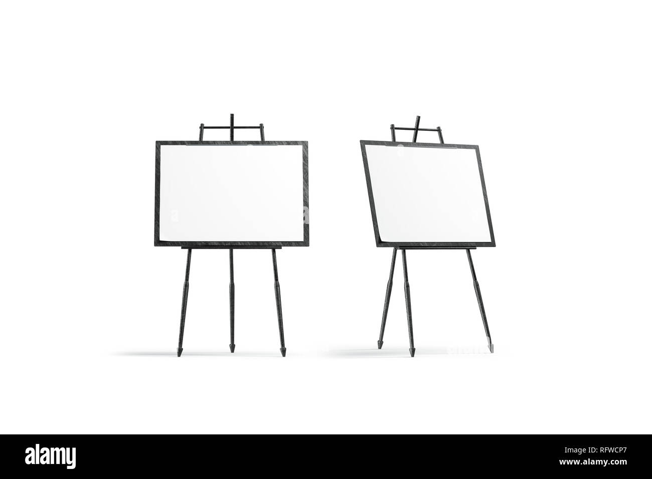 Wooden easels or painting art boards with white canvas front and side view.  Artwork blank posters