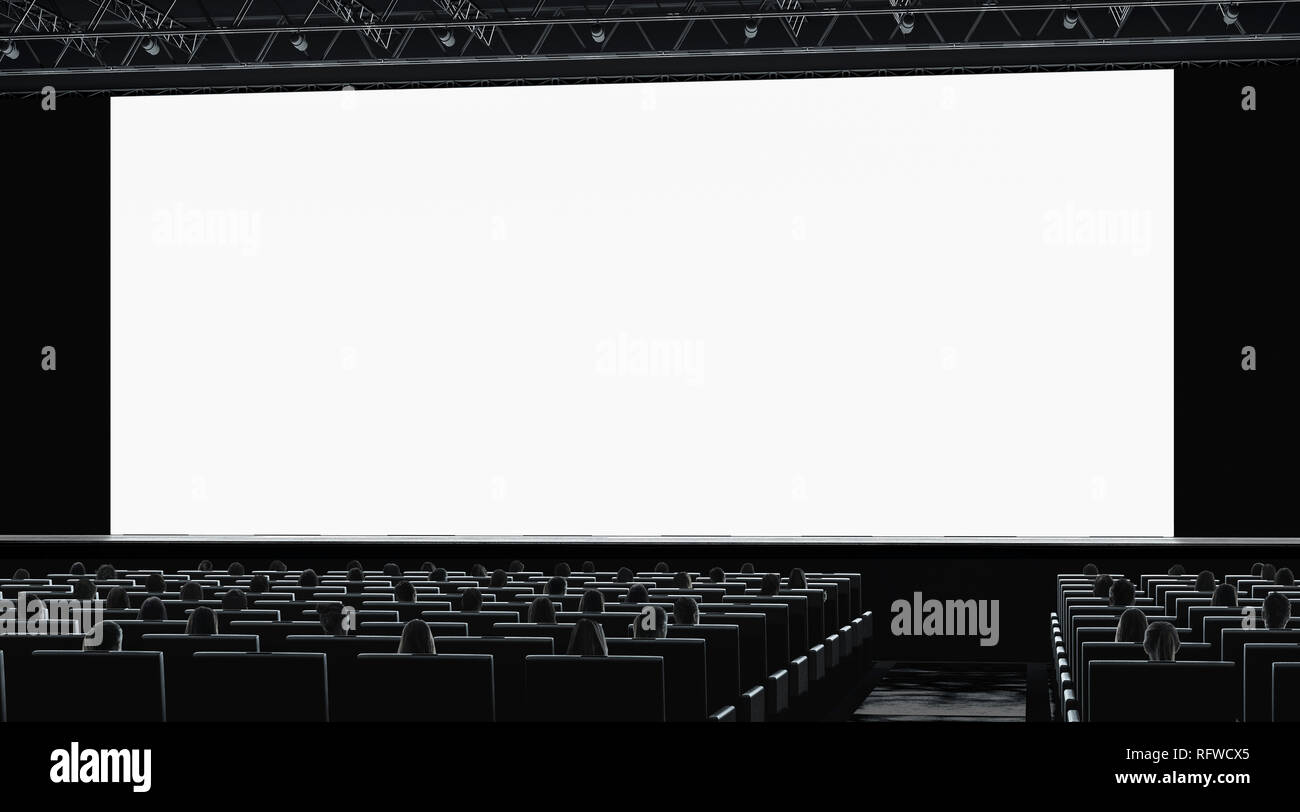 Download Cinema Hall With Audience Watching On Blank Monitor Mockup Right Side View 3d Rendering Empty Cinema Screen With People On Seat Mock Up Theatre Presentation Or Education Seminar Template Stock Photo