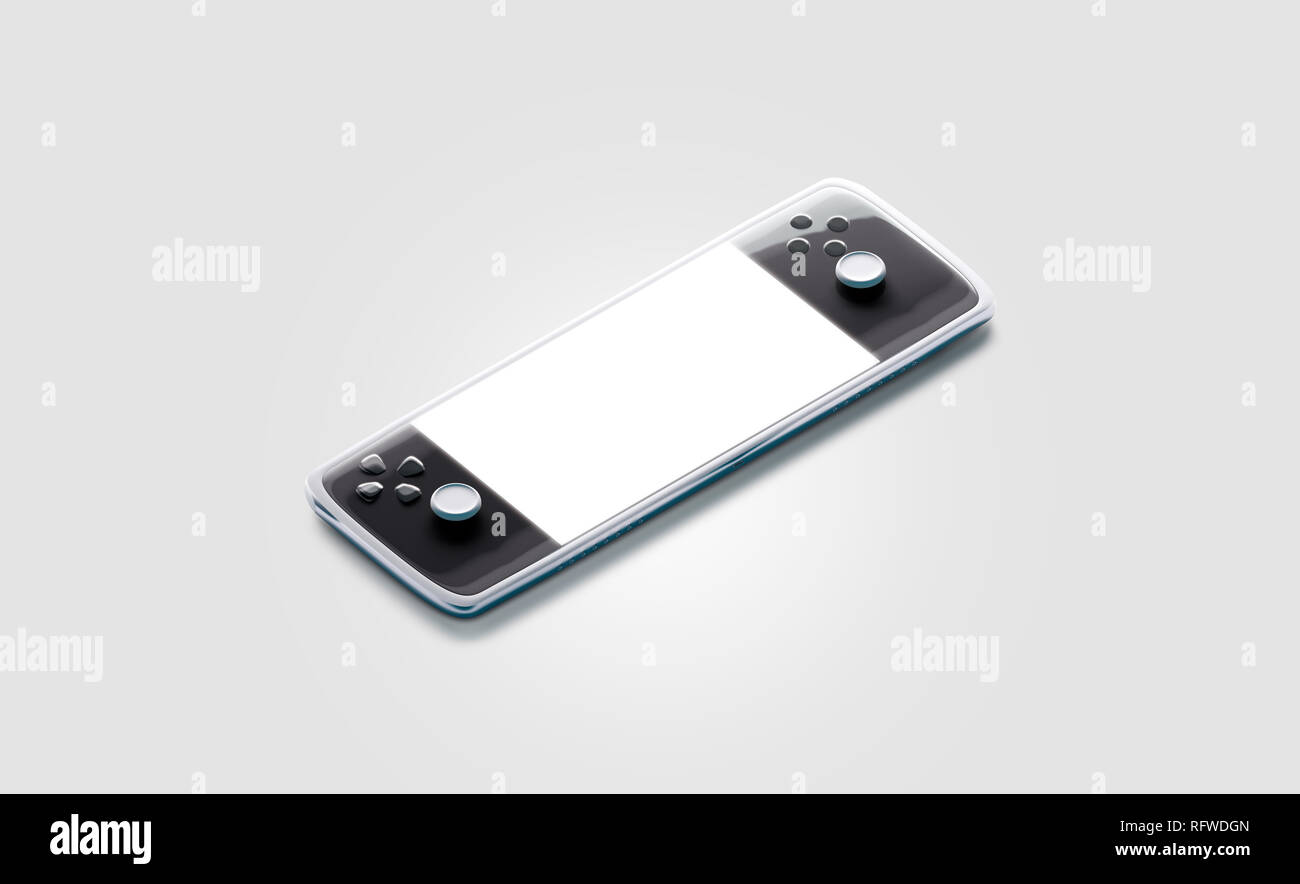 Blank white display on game pad mock up, isolated, side view, 3d rendering. Empty gaming joystick mockup. Clear digital pocket psp. Teenager toy for videogame template. Stock Photo