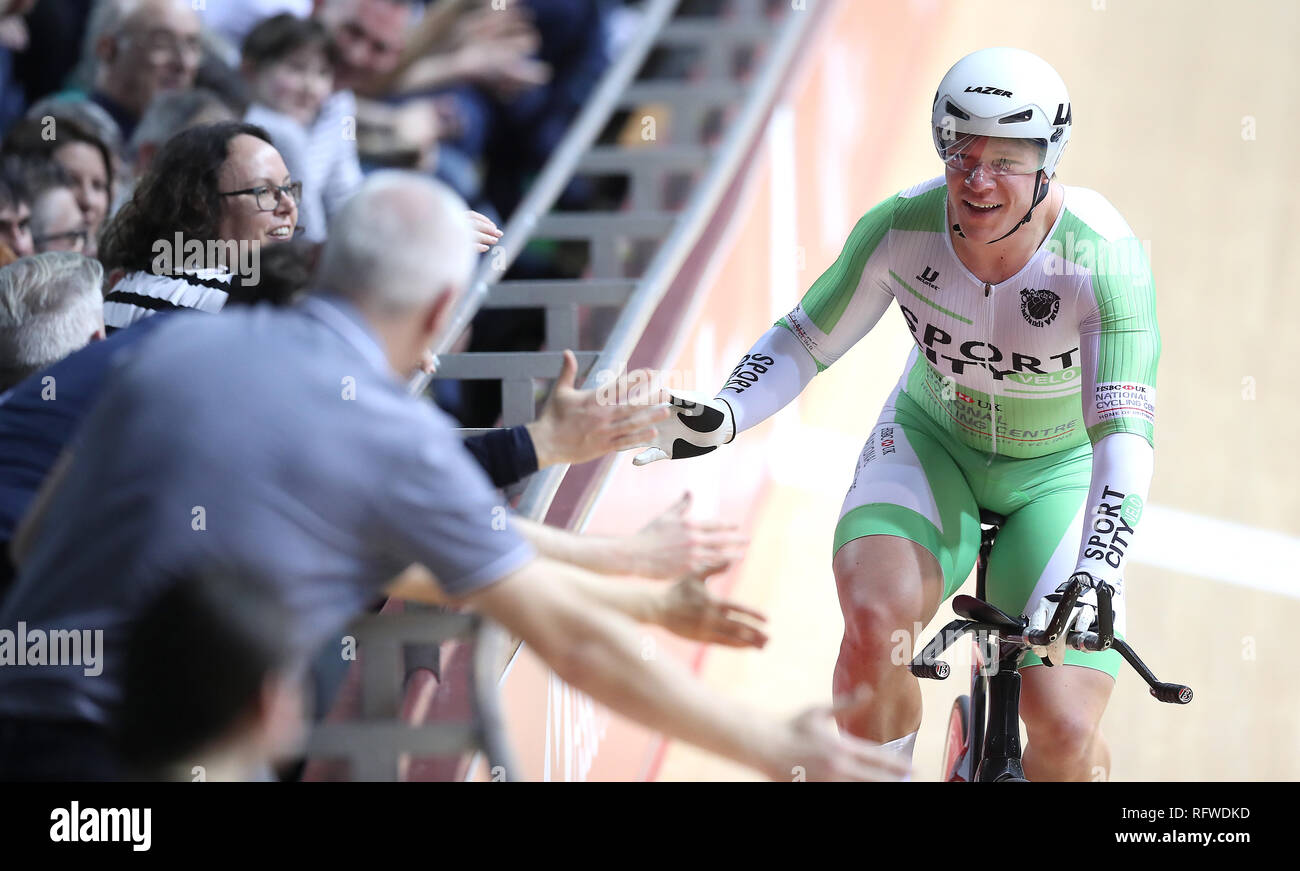Matt rotherham sportcity velo celebrates winning mens 1000m time trial ...