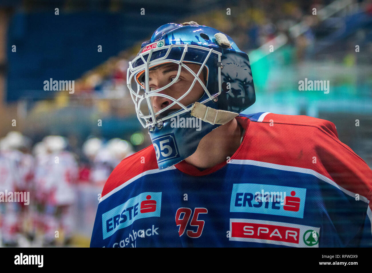 ZAGREB, CROATIA - DECEMBER 30, 2018: EBEL ice hockey league match between Medvescak Zagreb and KAC. Hockey goalie. Stock Photo