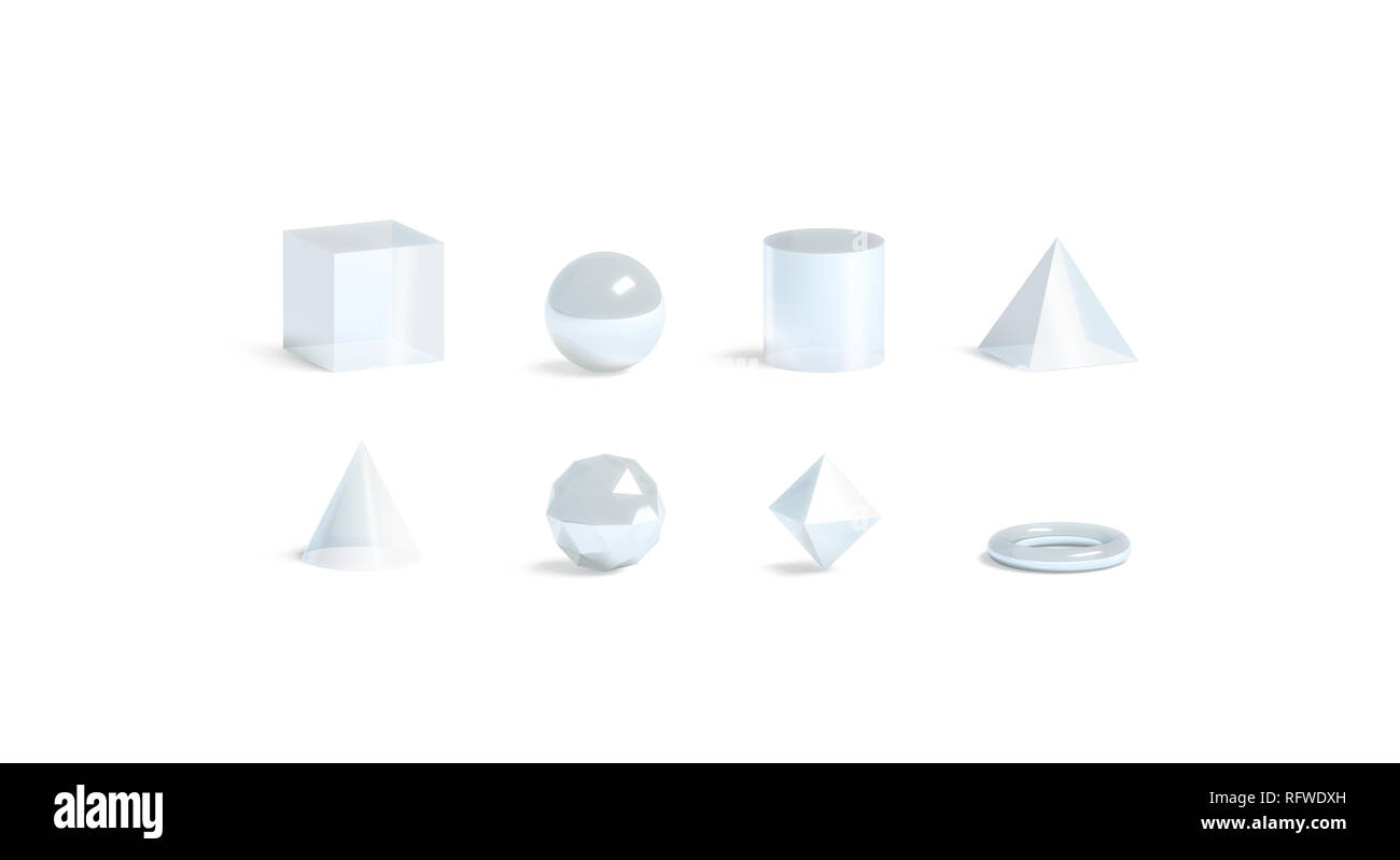 Blank white glass geometric shapes mockup set, isolated, 3d rendering. Empty acrylic abstract symbol mock up. Clear acryl math ball, pyramid and rhombus concep template. Stock Photo