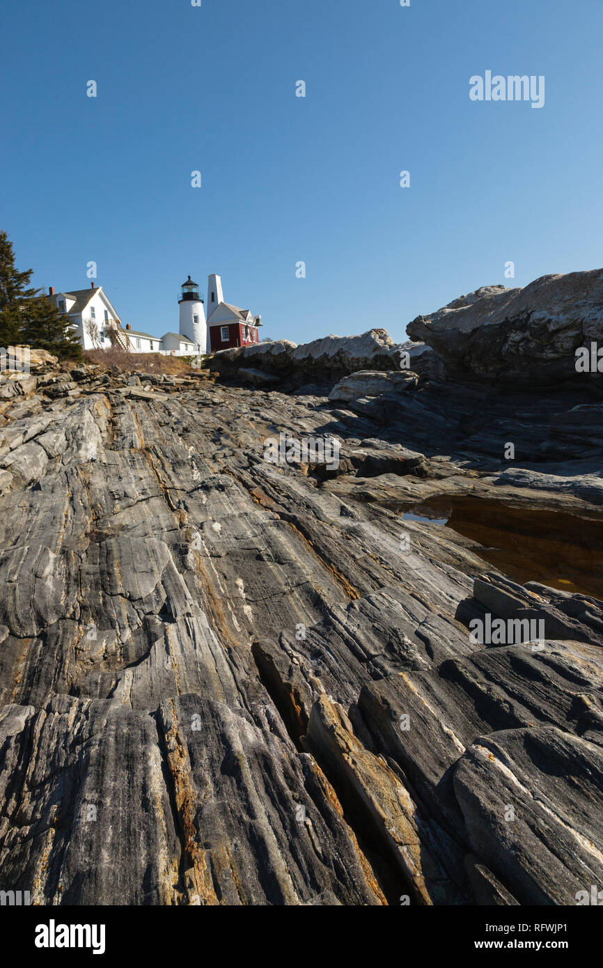 Pemaquid Point Light in Bristol, Maine USA. This light is located at the entrance to Muscongus Bay and was commissioned in 1827 by John Quincy Adams. Stock Photo