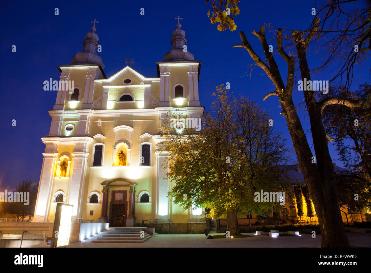 Church at night in Baia Mare, Maramures, Romania, Europe Stock Photo