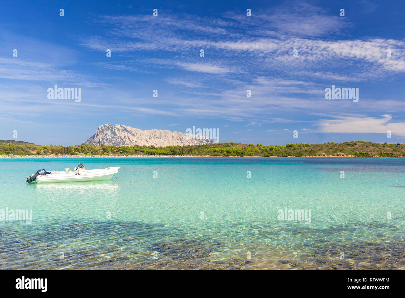 Moored boat at Cala Brandinchi, San Teodoro, Olbia Tempio province, Sardinia, Italy, Mediterranean, Europe Stock Photo