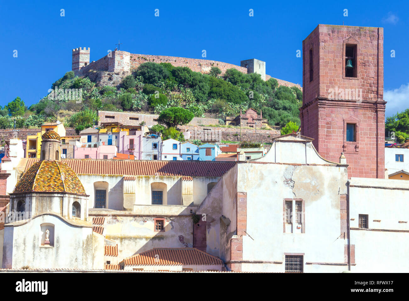 Village of Bosa with Serravalle Castle (Castle of Malaspina), Bosa, Oristano province, Sardinia, Italy, Mediterranean, Europe Stock Photo