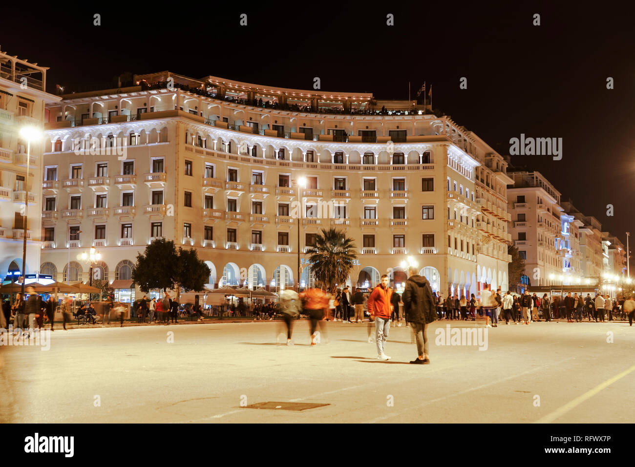 Aristotelous Square, the main square with illuminated historical buildings, Thessaloniki, Greece, Europe Stock Photo