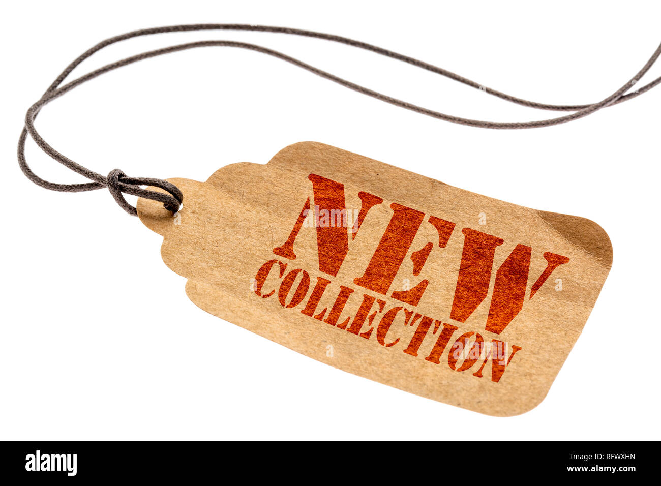 new collection sign - a paper price tag with a twine isolated on white Stock Photo