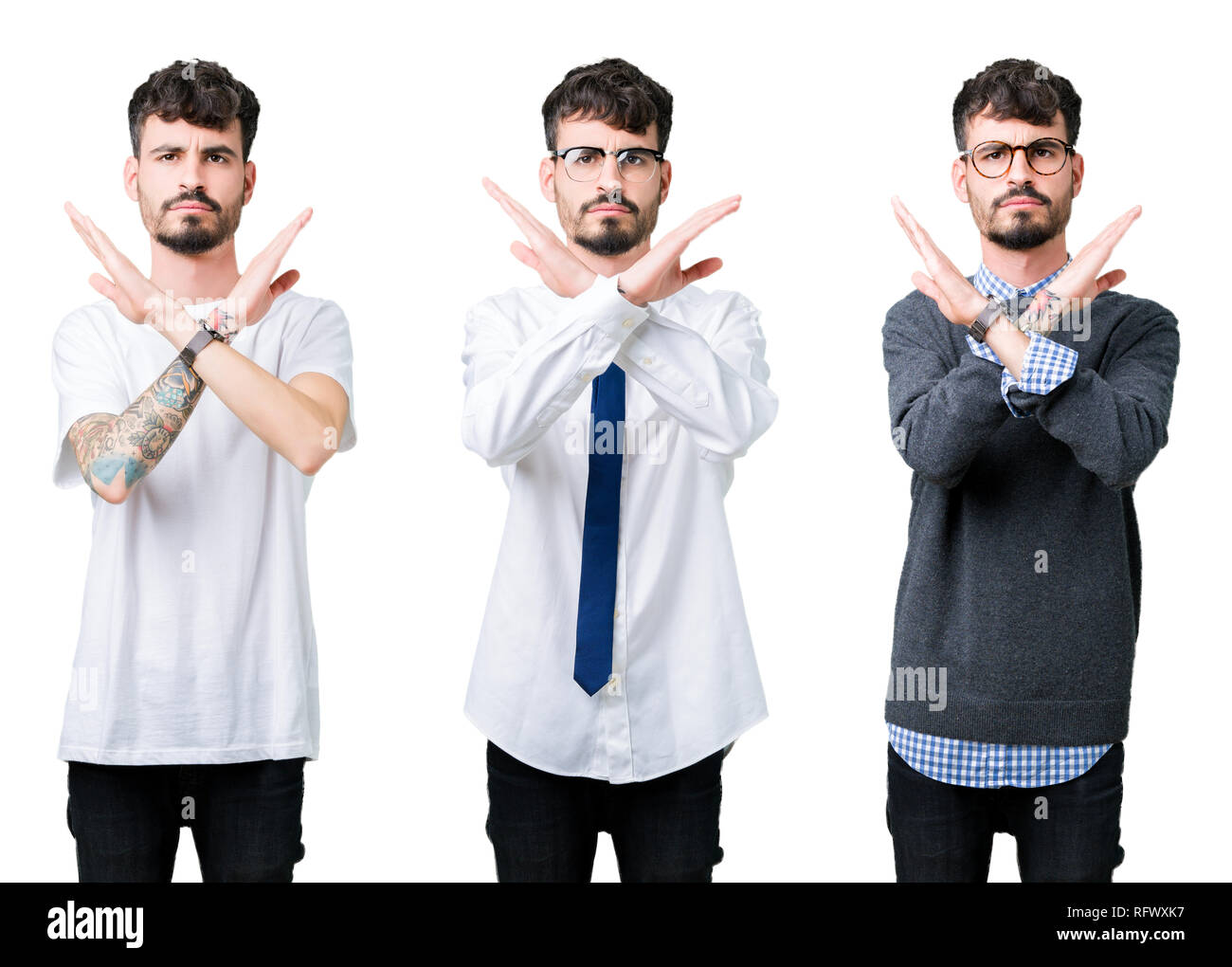 Collage of young man over isolated background Rejection expression ...