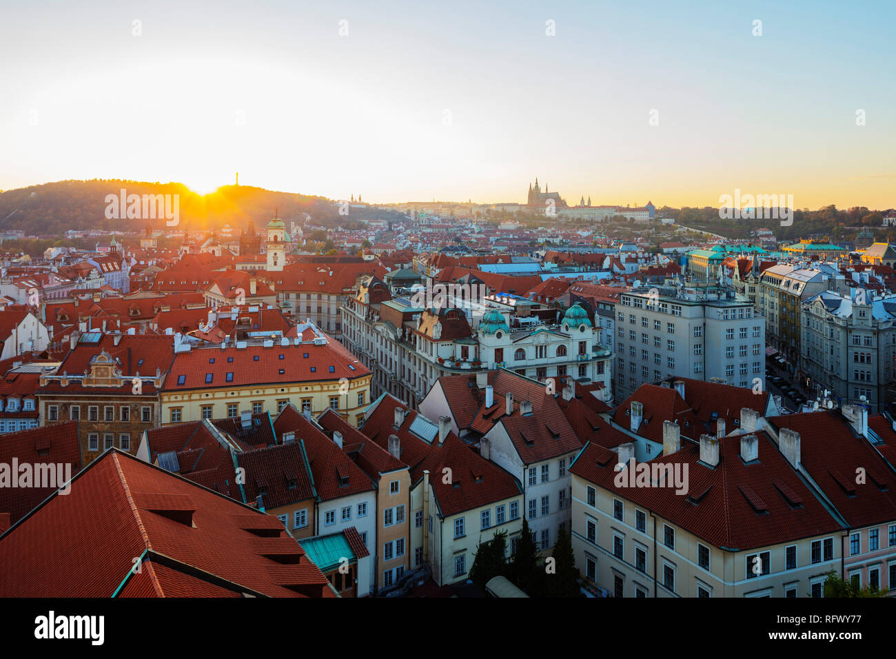 Prague Castle viewed from old town city hall tower at sunset, UNESCO World Heritage Site, Prague, Czech Republic, Europe Stock Photo