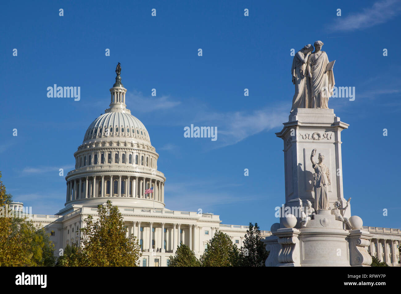 Peace Monument in foreground, United States Capitol Building in background, Washington D.C., United States of America, North America Stock Photo