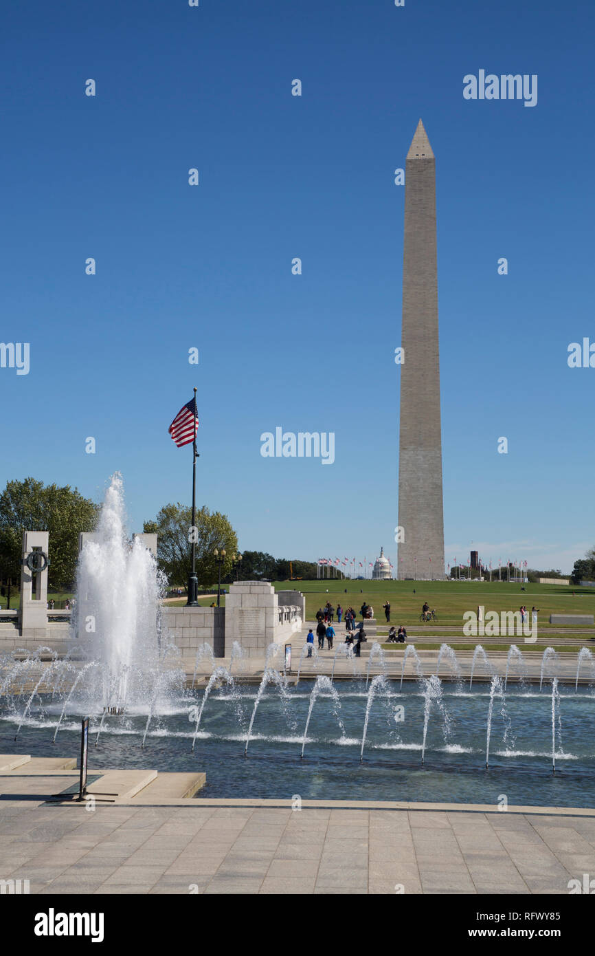 World War II Monument in the foreground, Washington Monument in background, Washington D.C., United States of America, North America Stock Photo