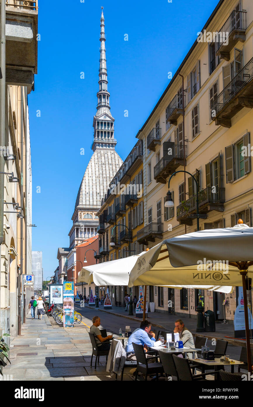 View of Mole Antonelliana and cafe, Turin, Piedmont, Italy, Europe Stock Photo