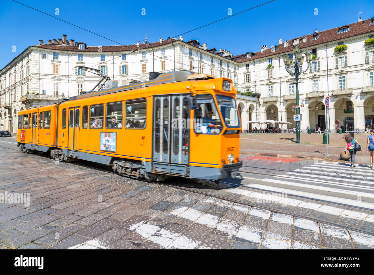 View of tram in Piazza Vittorio Veneto, Turin, Piedmont, Italy, Europe Stock Photo