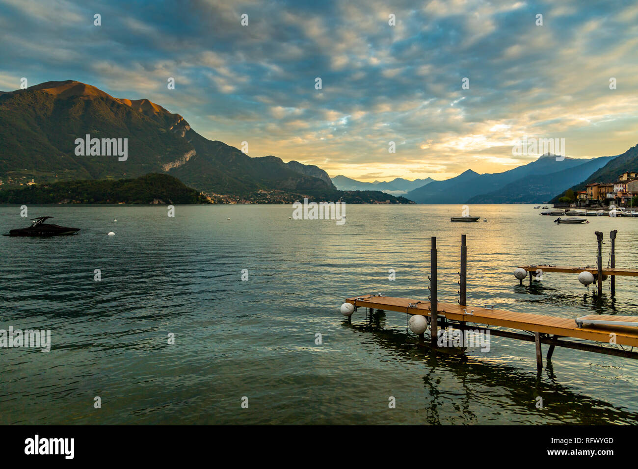 View of Lake Como from Lezzeno at dawn, Province of Como, Lake Como, Lombardy, Italian Lakes, Italy, Europe Stock Photo