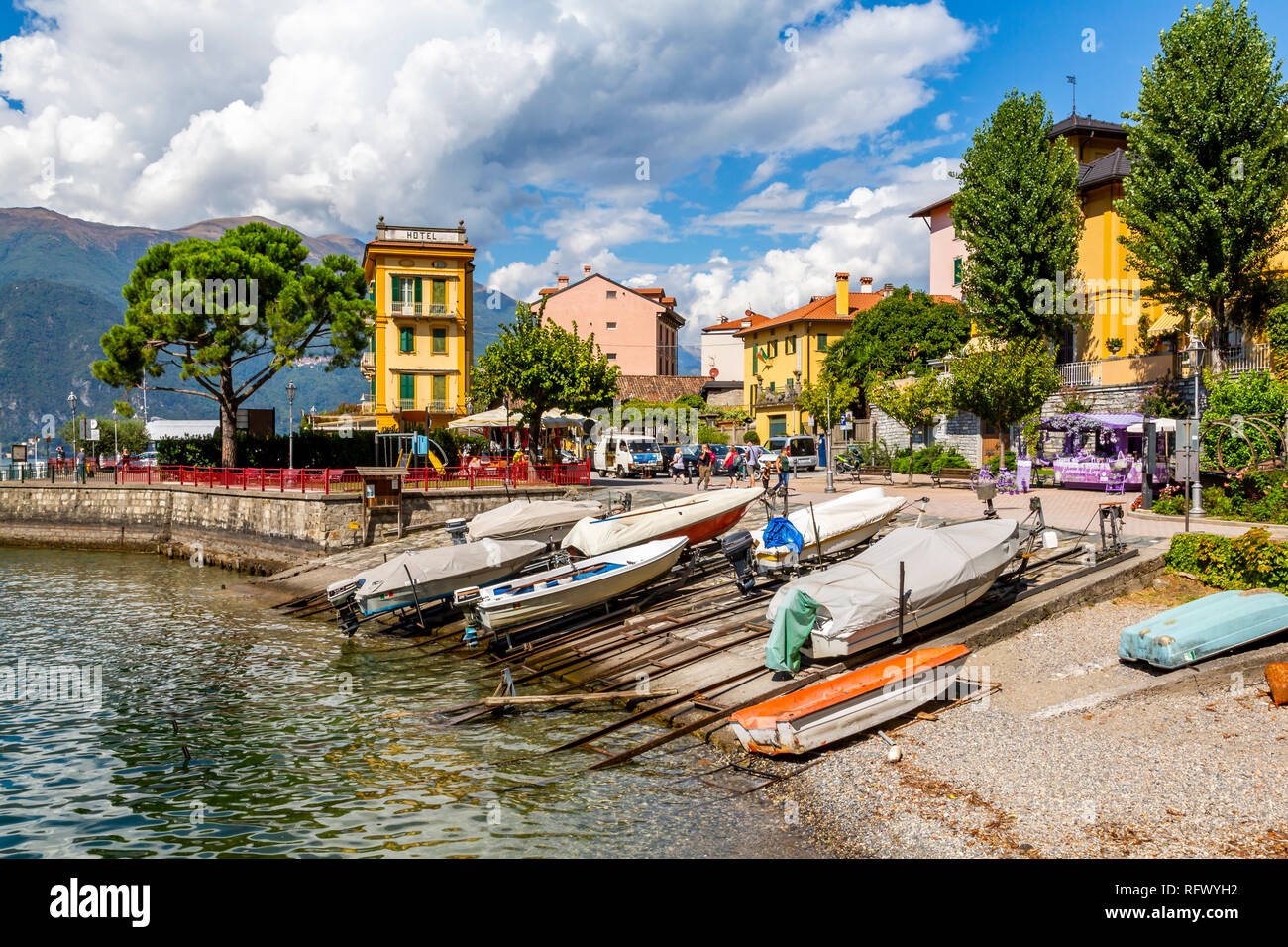 View of boats in harbour in Vezio, Province of Como, Lake Como, Lombardy, Italian Lakes, Italy, Europe Stock Photo