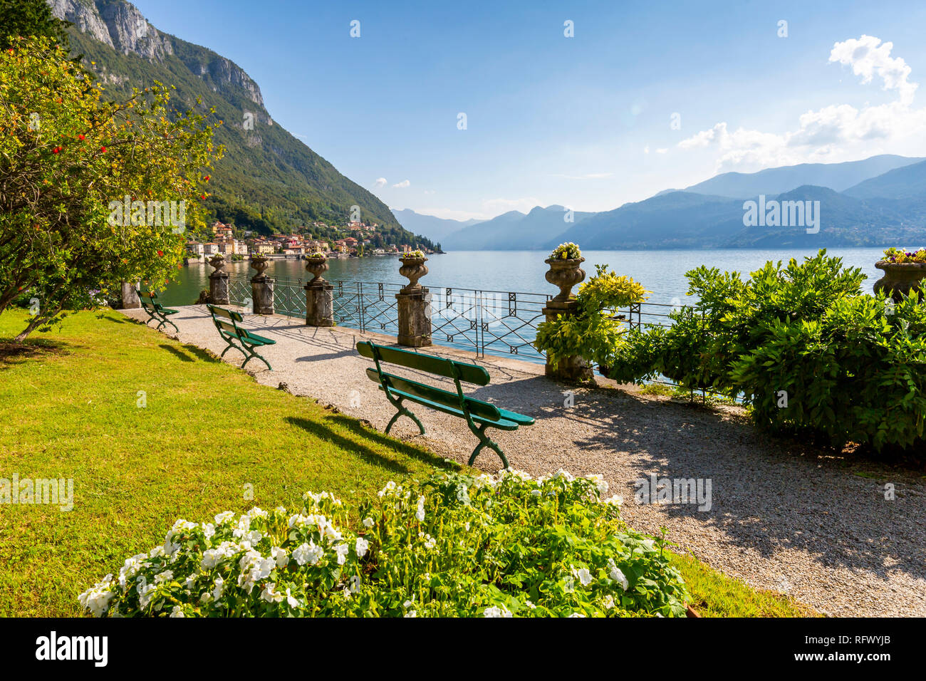 View of lake from Botanical Gardens in the village of Vezio, Province of Como, Lake Como, Lombardy, Italian Lakes, Italy, Europe Stock Photo