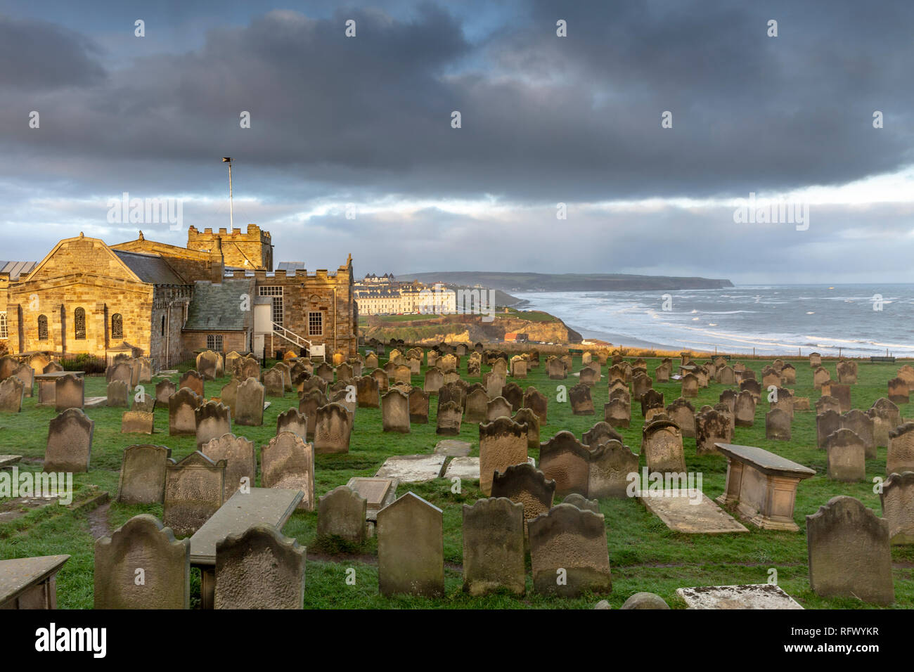 Whitby church and cemetery with view over to the North Sea, Whitby,North Yorkshire,England,UK Stock Photo