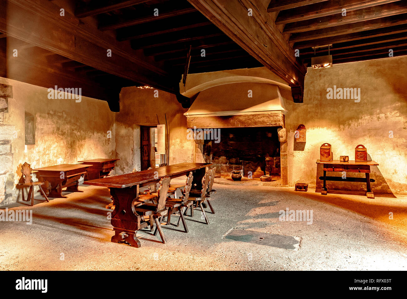 Italy Valle DAosta Fenis The Castle Dining Room With Fireplace On The Ground Floor Stock Photo Alamy