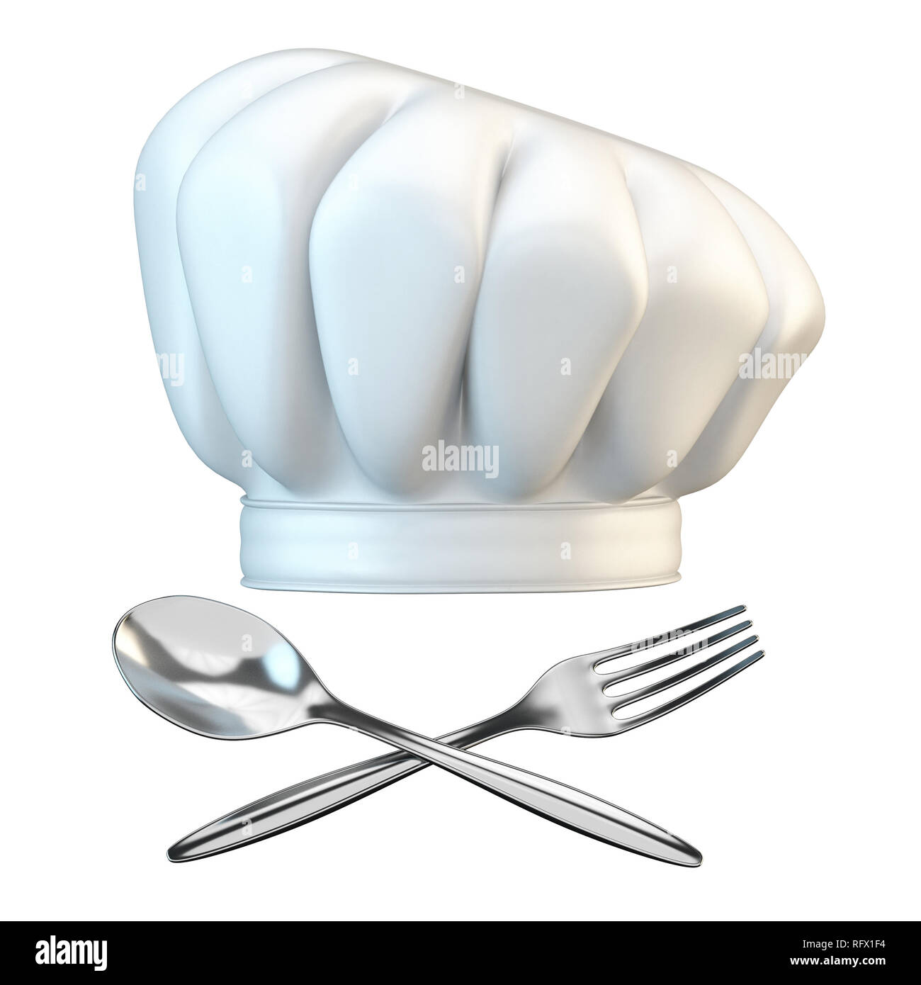 White chef hat with spoon and fork 3D rendering illustration isolated