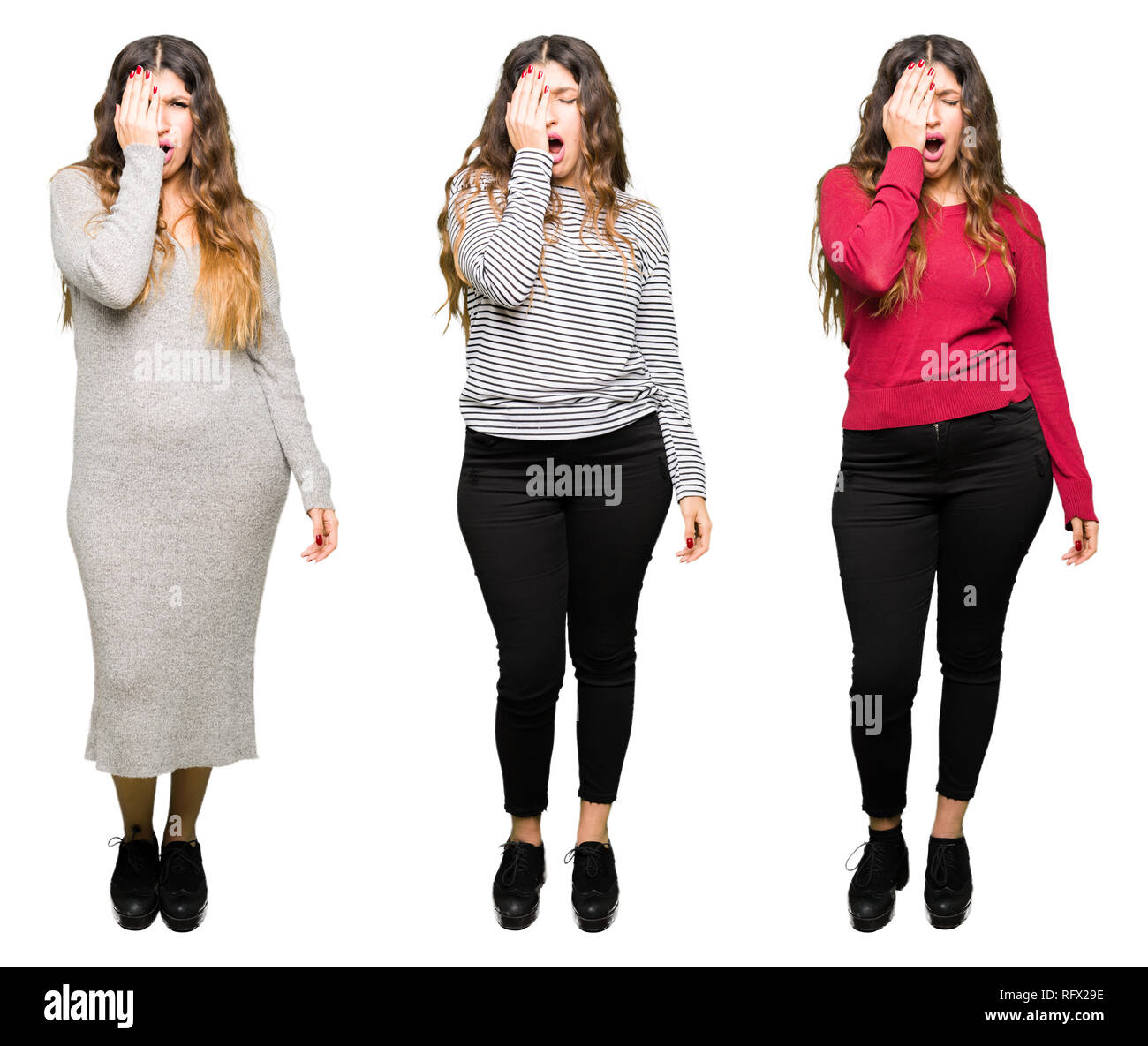 Collage of beautiful young woman over white isolated background Yawning