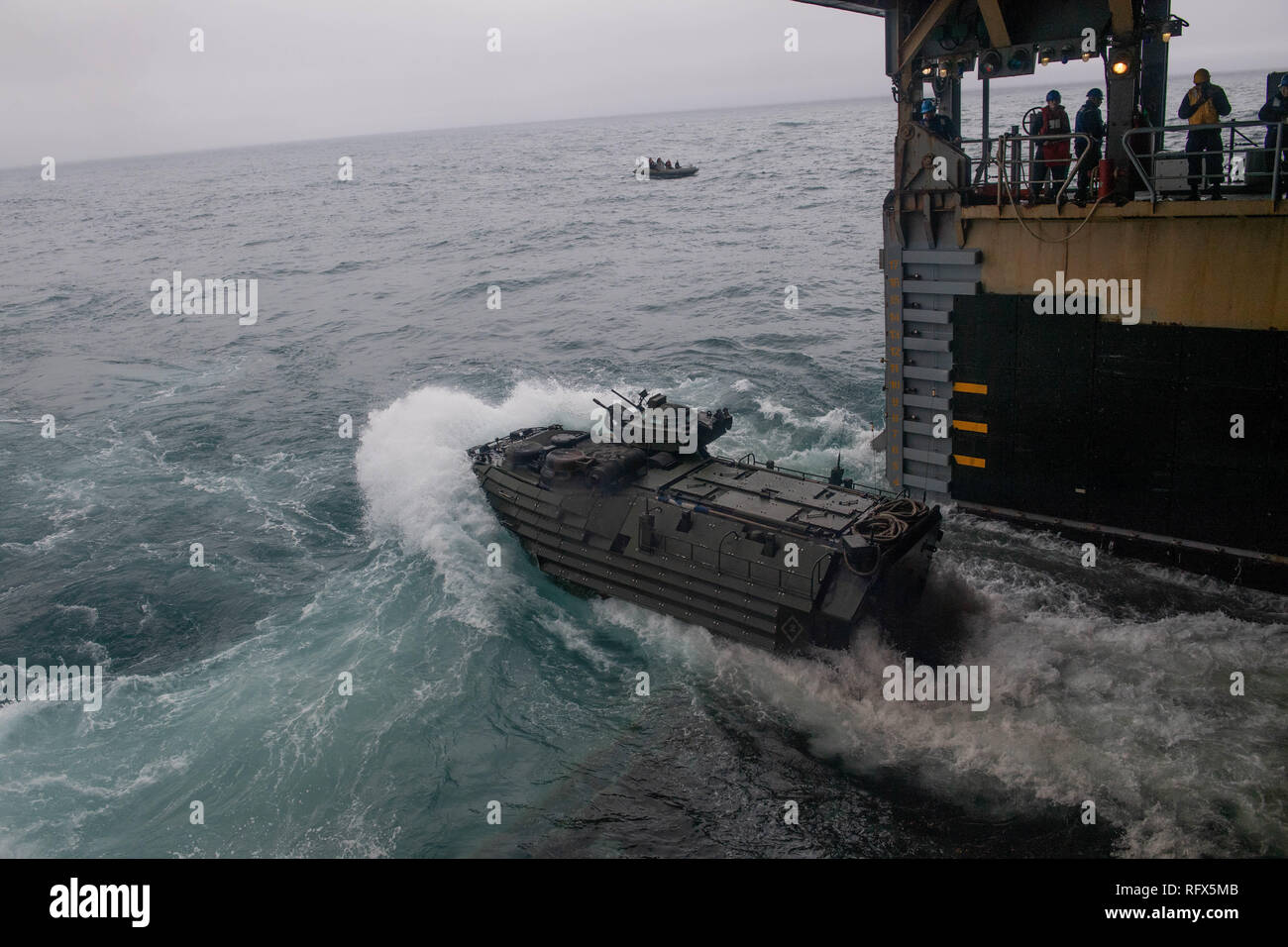 190116-N-HD110-0084  PACIFIC OCEAN (Jan. 16, 2019) An assault amphibious vehicle attached to Battalion Landing Team 3rd Battalion, 5th Marine Regiment, 11th Marine Expeditionary Unit exits the well deck of the Harpers Ferry-class amphibious dock landing ship USS Harpers Ferry (LSD 49) during a training exercise. Harpers Ferry is underway conducting routine operations as a part of USS Boxer Amphibious Ready Group (ARG) in the eastern Pacific Ocean. (U.S. Navy photo by Mass Communication Specialist 3rd Class Danielle A. Baker) Stock Photo