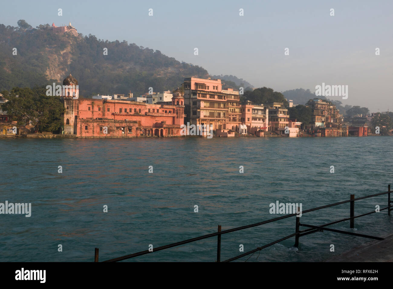 Riverfront buildings on the Ganges River at Haridwar, Uttarakhand, India Stock Photo
