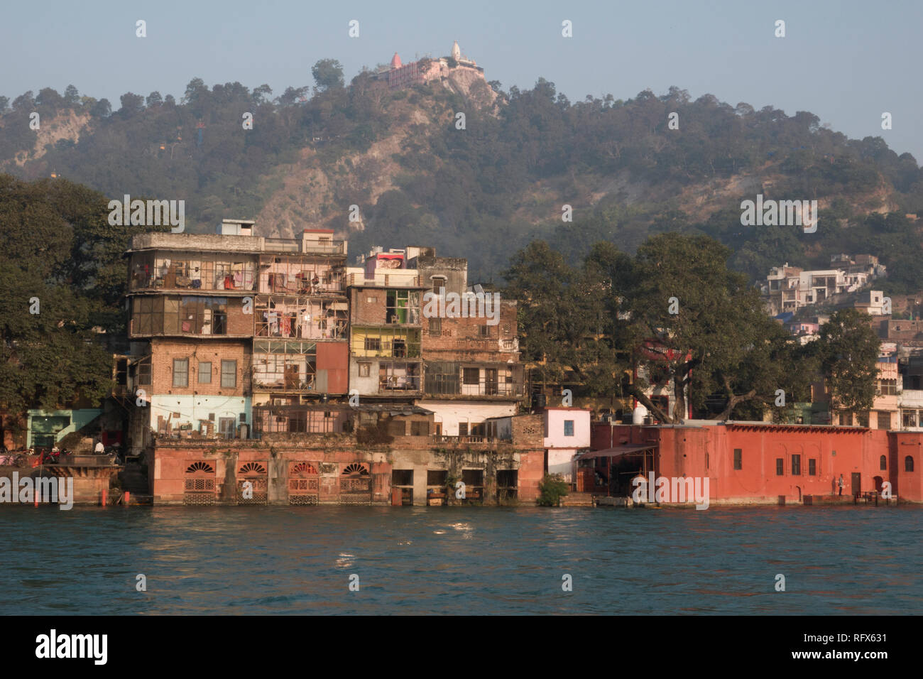 Riverfront buildings on the Ganges River at Haridwar, Uttarakhand, India Stock Photo
