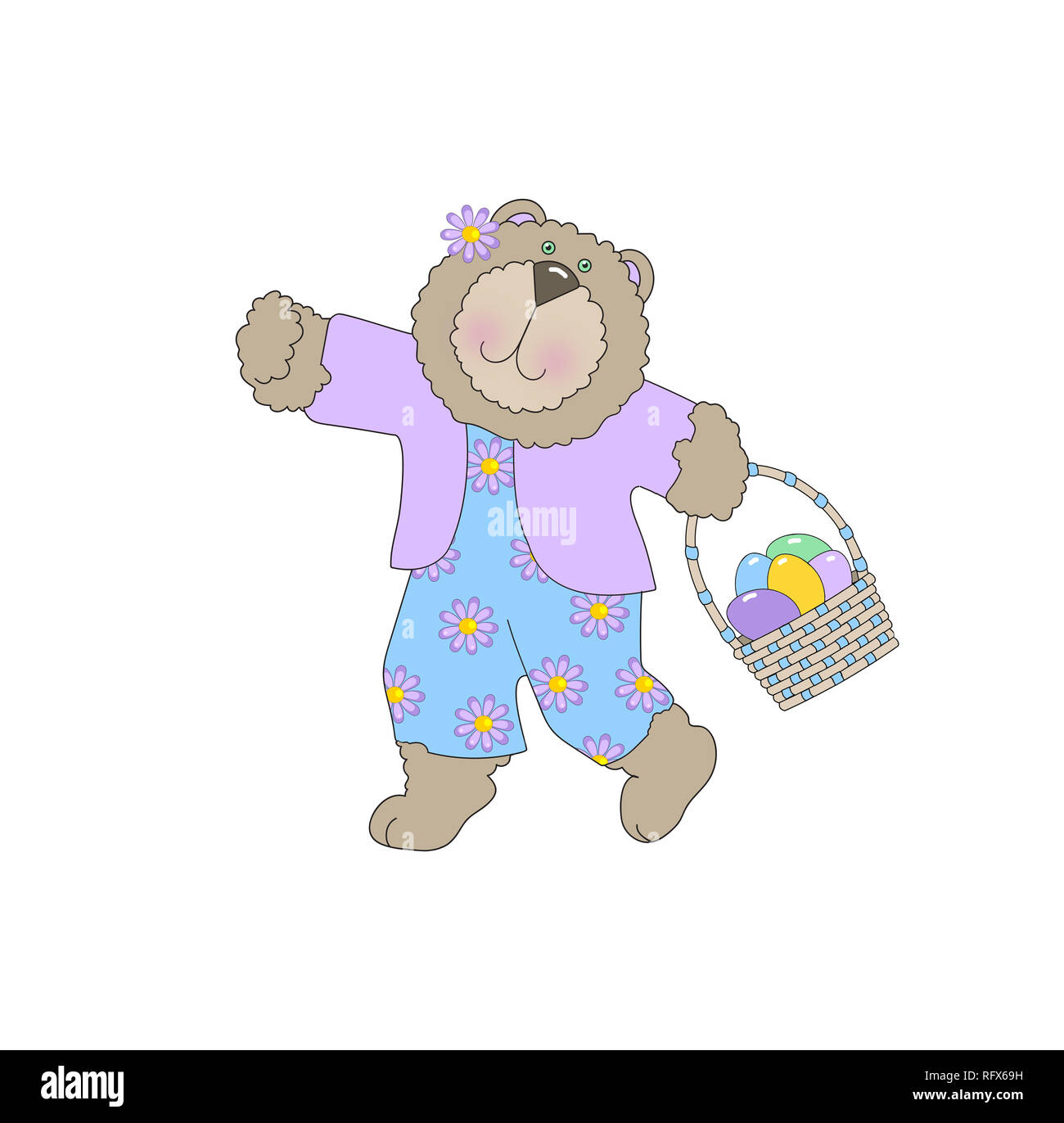 Illustration of a cute bear wearing clothes and carrying an Easter basket on a white background Stock Photo