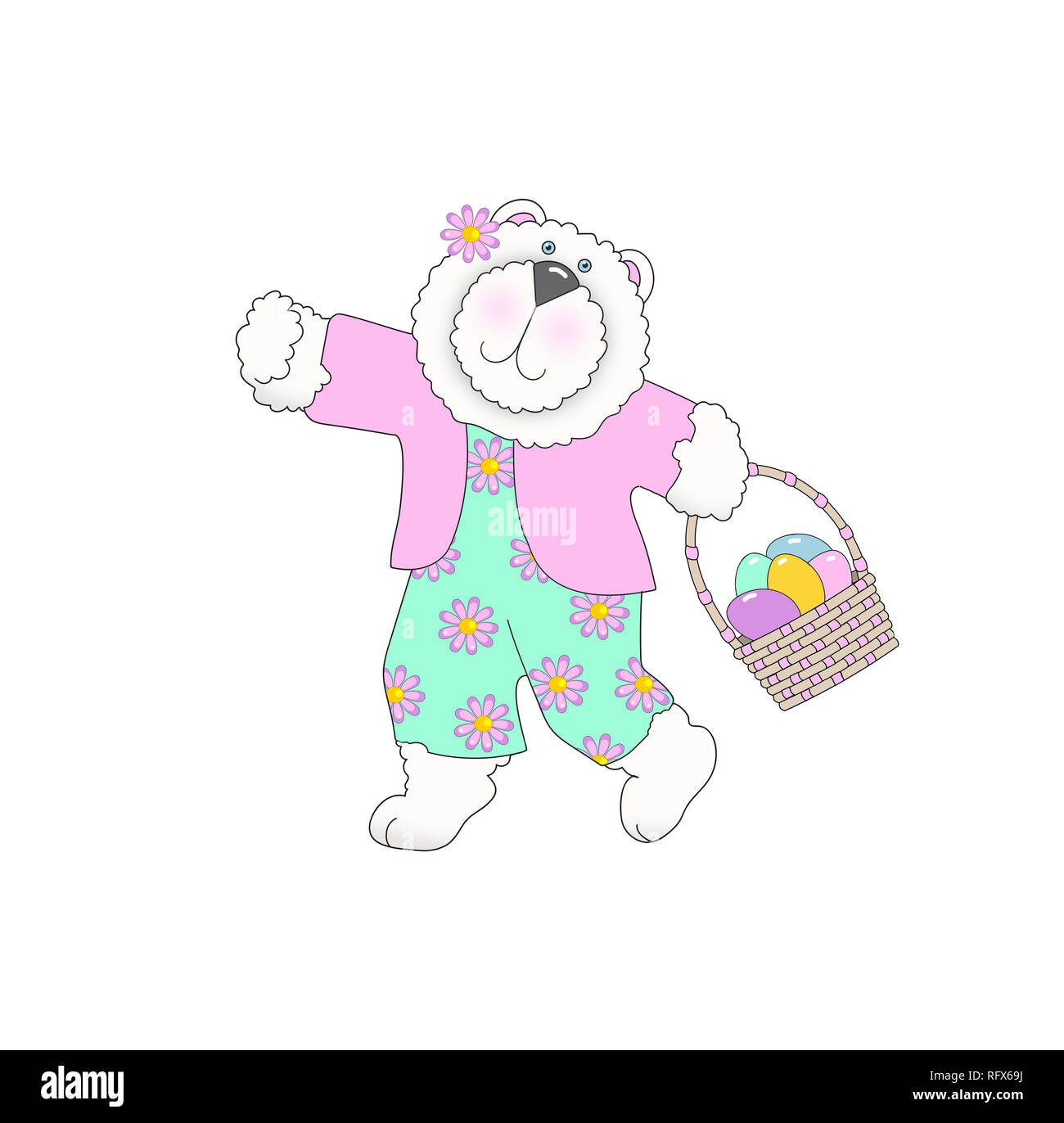 Illustration of a cute bear wearing clothes and carrying an Easter basket on a white background Stock Photo