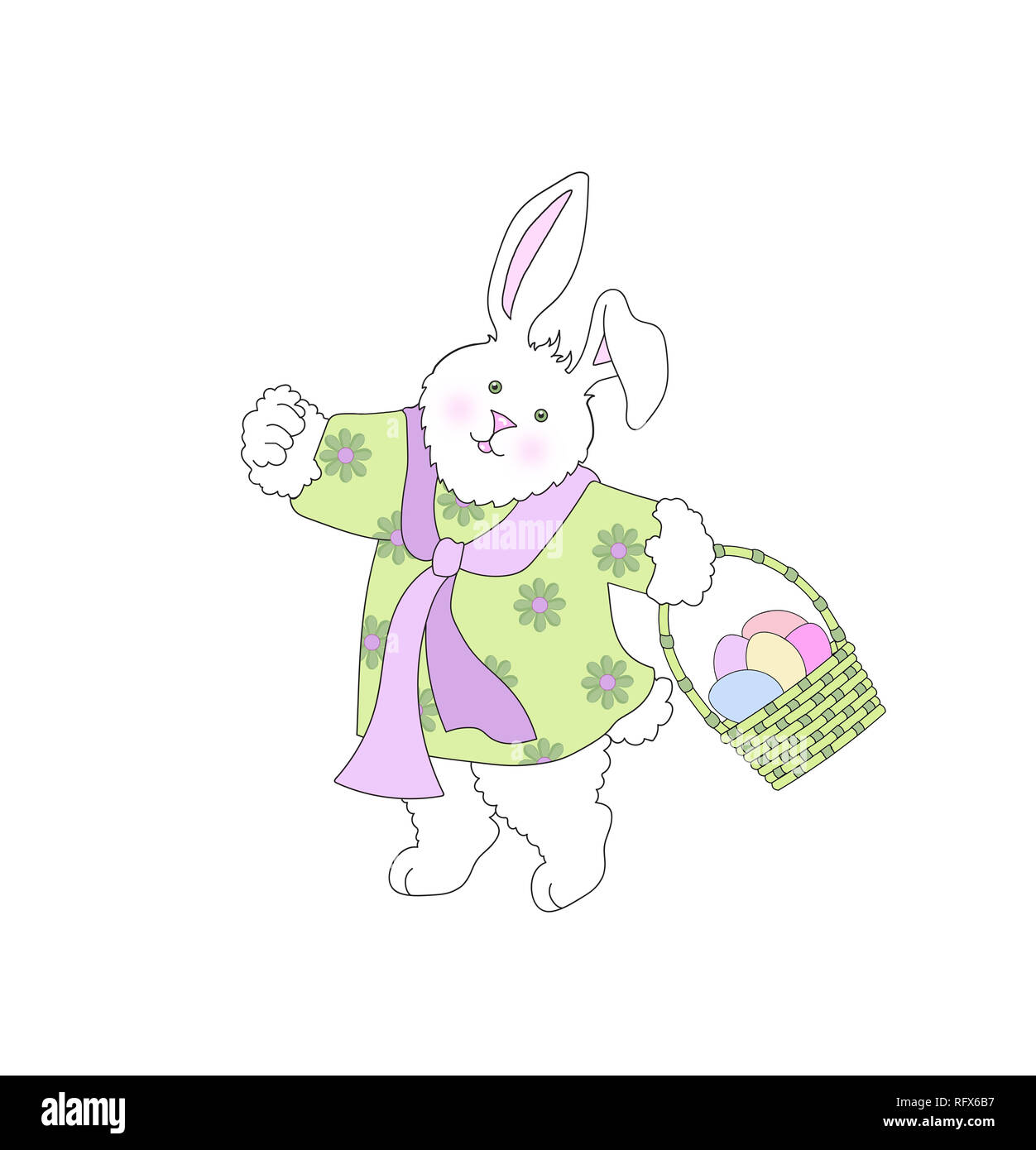 Illustration of a cute bunny rabbit wearing clothes and carrying an Easter basket on a white background Stock Photo