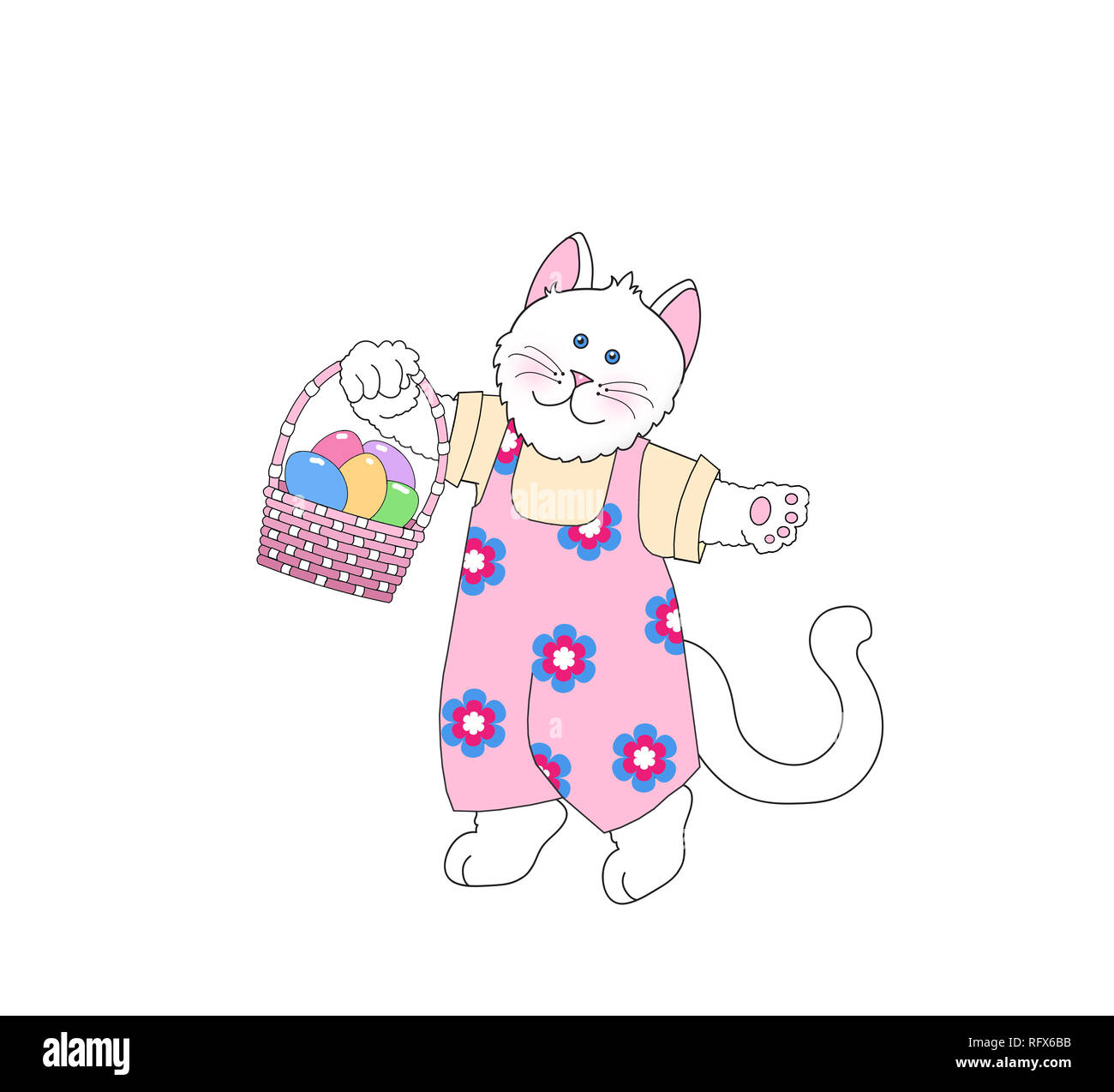 Illustration of a cute cat/kitten wearing clothes and carrying an Easter basket on a white background Stock Photo