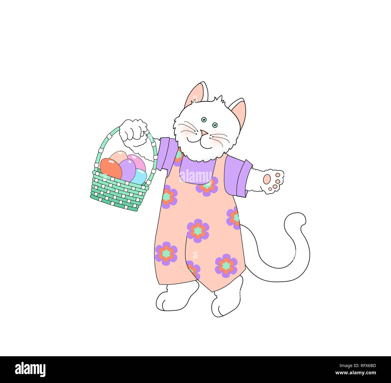 Illustration of a cute cat/kitten wearing clothes and carrying an Easter basket on a white background Stock Photo