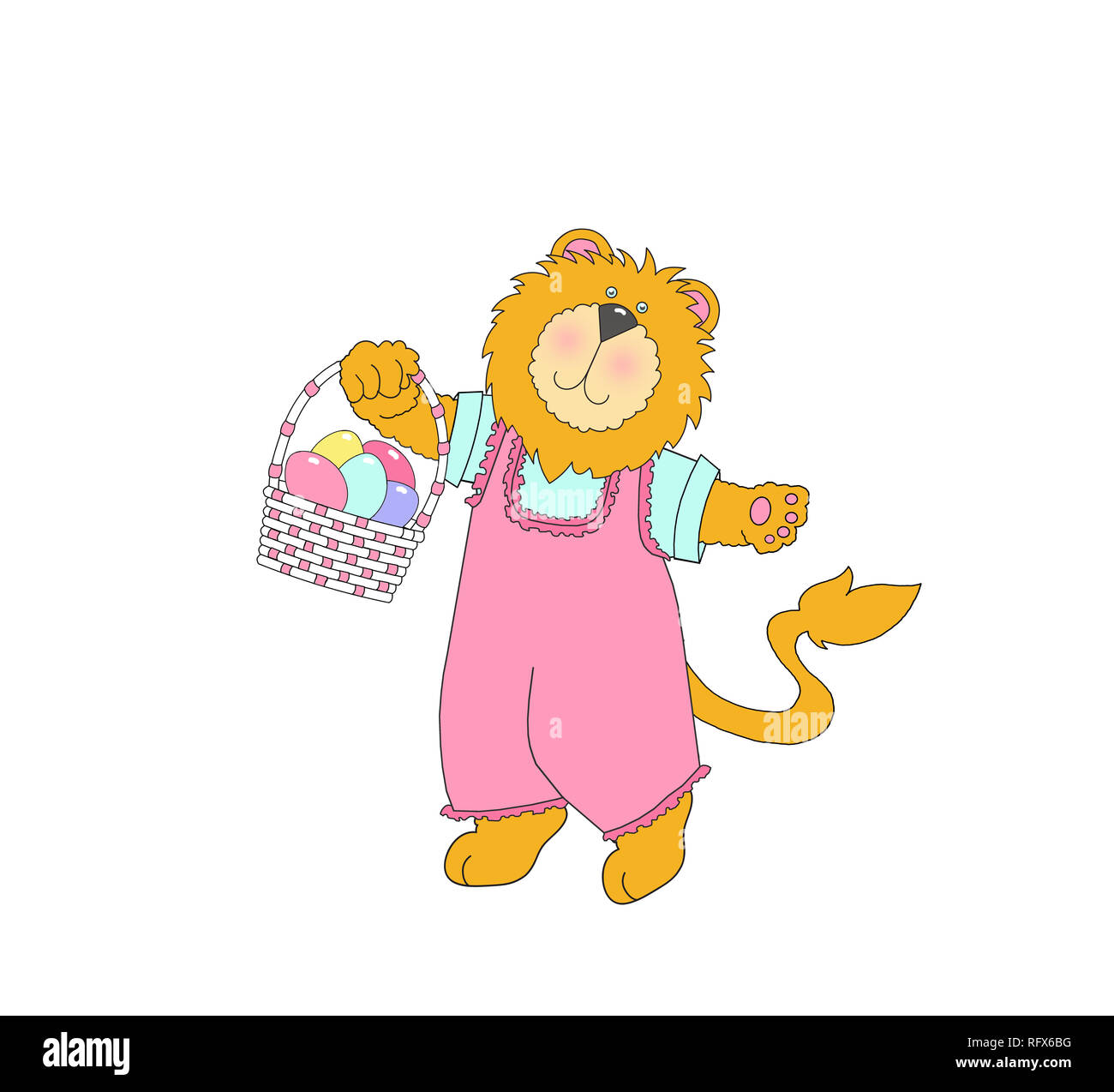 Illustration of a cute lion wearing clothes and carrying an Easter basket on a white background Stock Photo