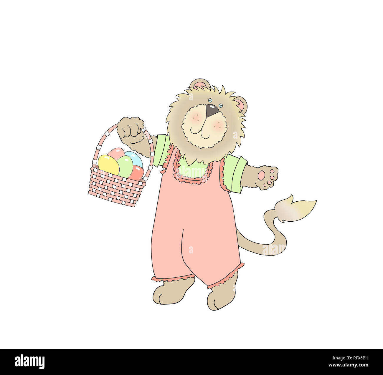 Illustration of a cute lion wearing clothes and carrying an Easter basket on a white background Stock Photo