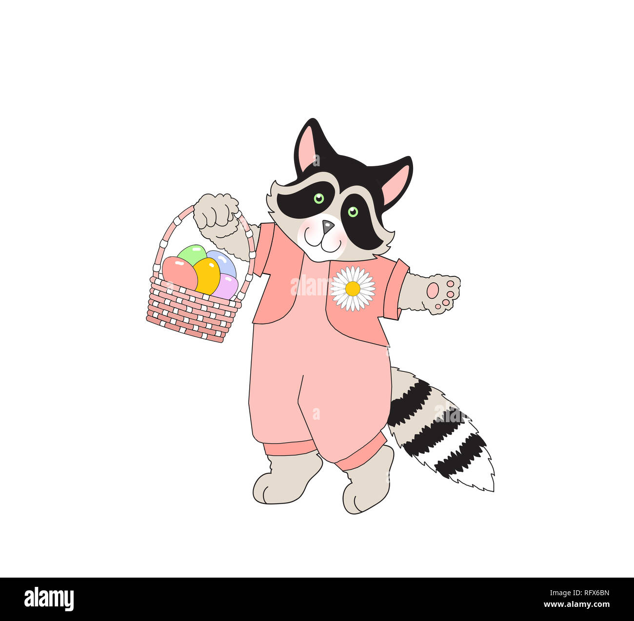 Illustration of a cute raccoon wearing clothes and carrying an Easter basket on a white background Stock Photo
