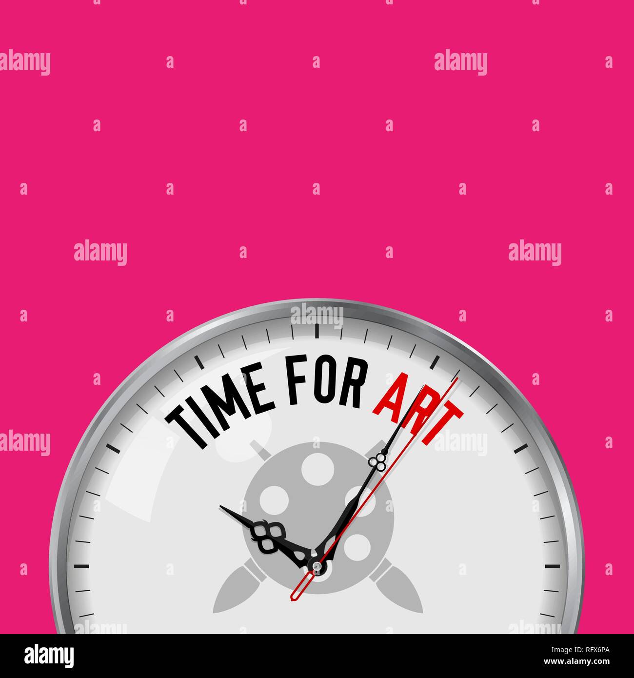 Time for Art. White Vector Clock with Motivational Slogan. Analog Metal
