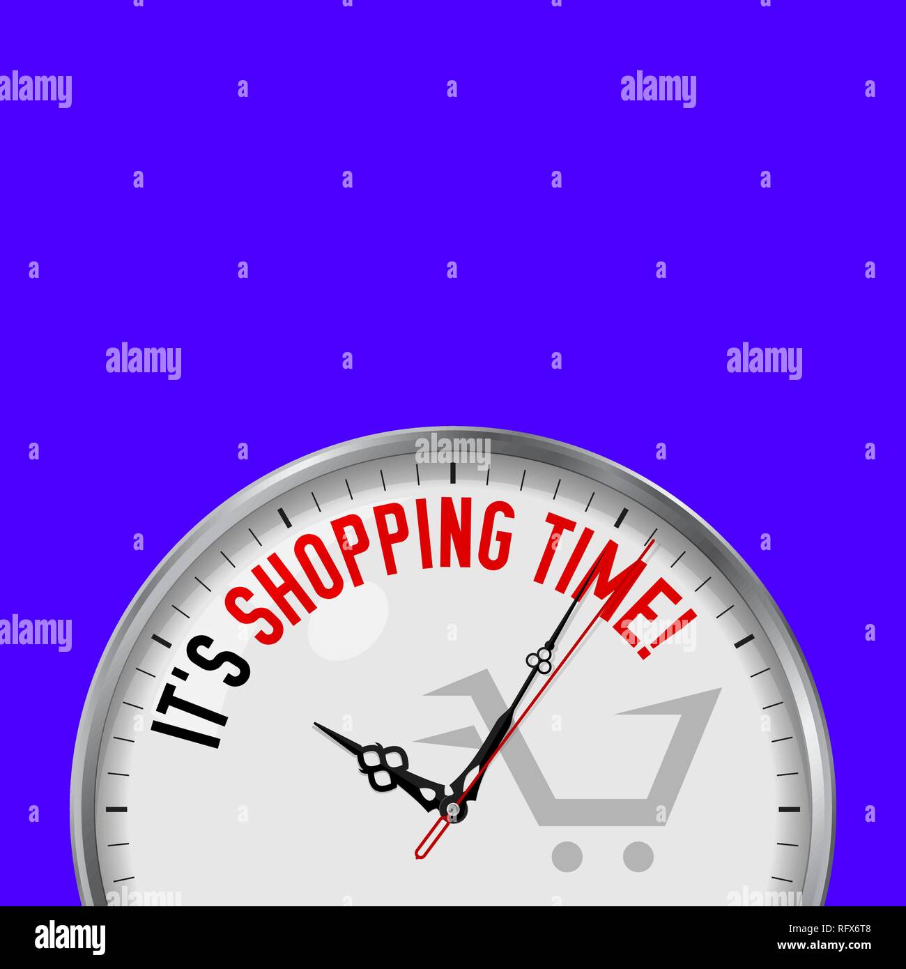 It's Shopping Time. White Vector Clock with Motivational Slogan. Analog