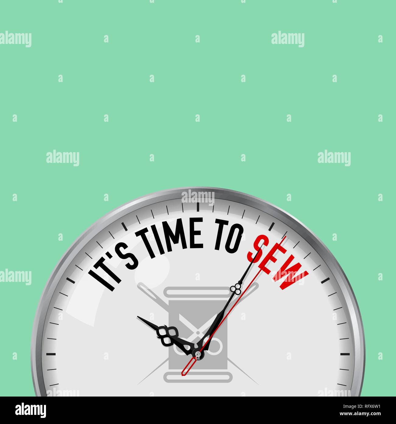 It's Time to Sew. White Vector Clock with Motivational Slogan. Analog
