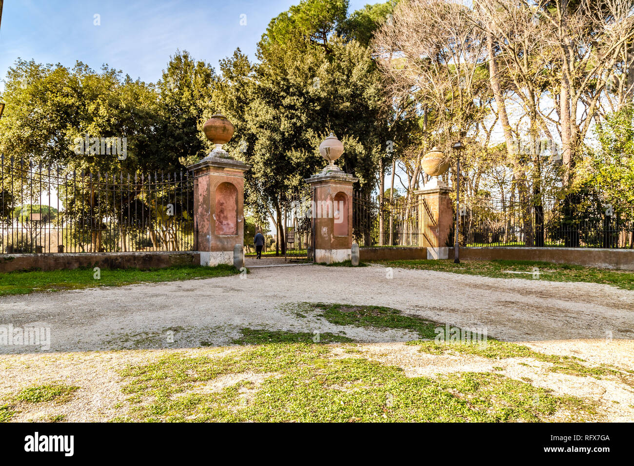 ROME, ITALY - JANUARY 5, 2019: light is enlightening  entry to park of Villa Doria Pamphili Stock Photo