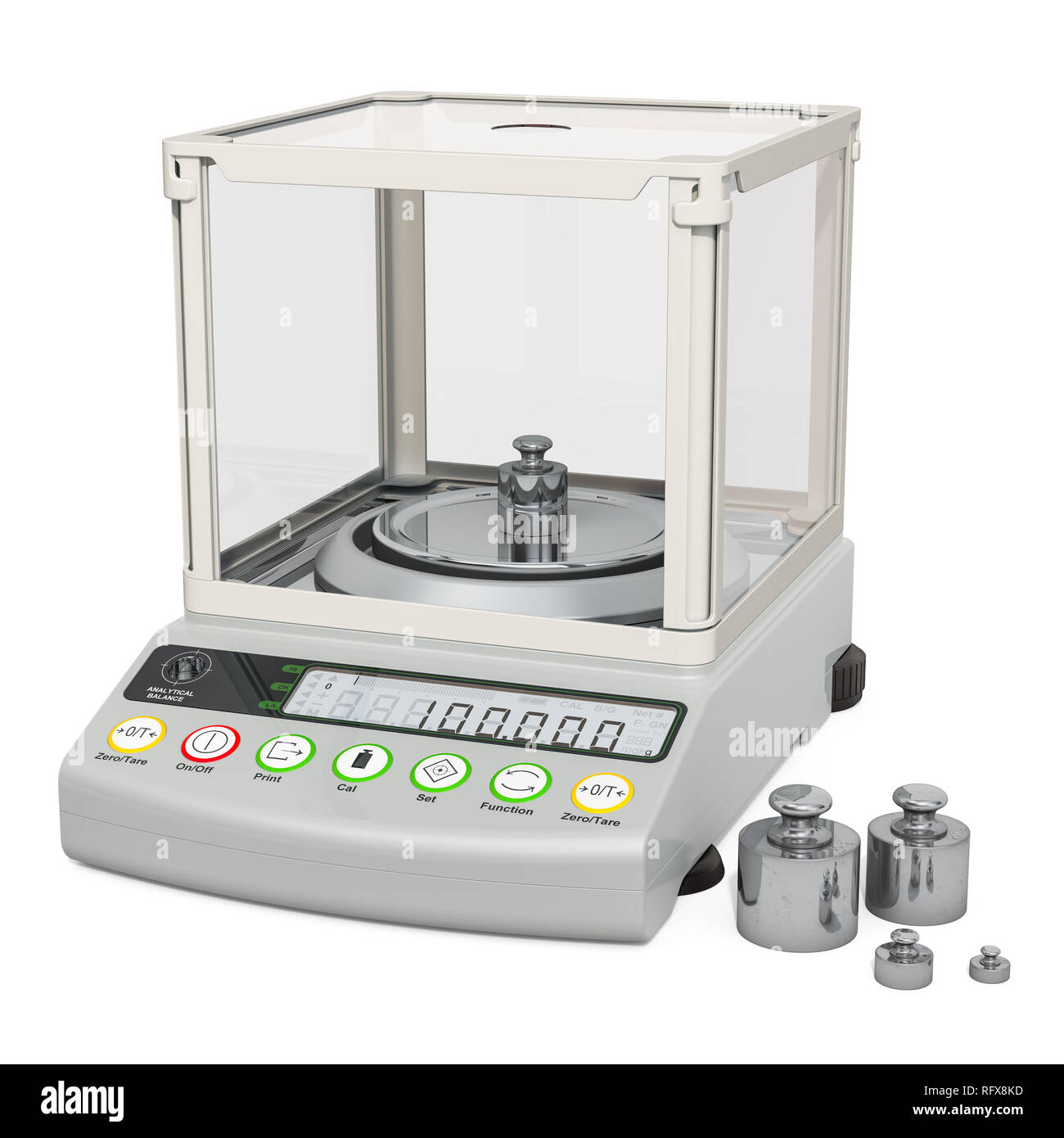 Analytical balance, digital lab scale with set calibration weight. 3D rendering Stock Photo