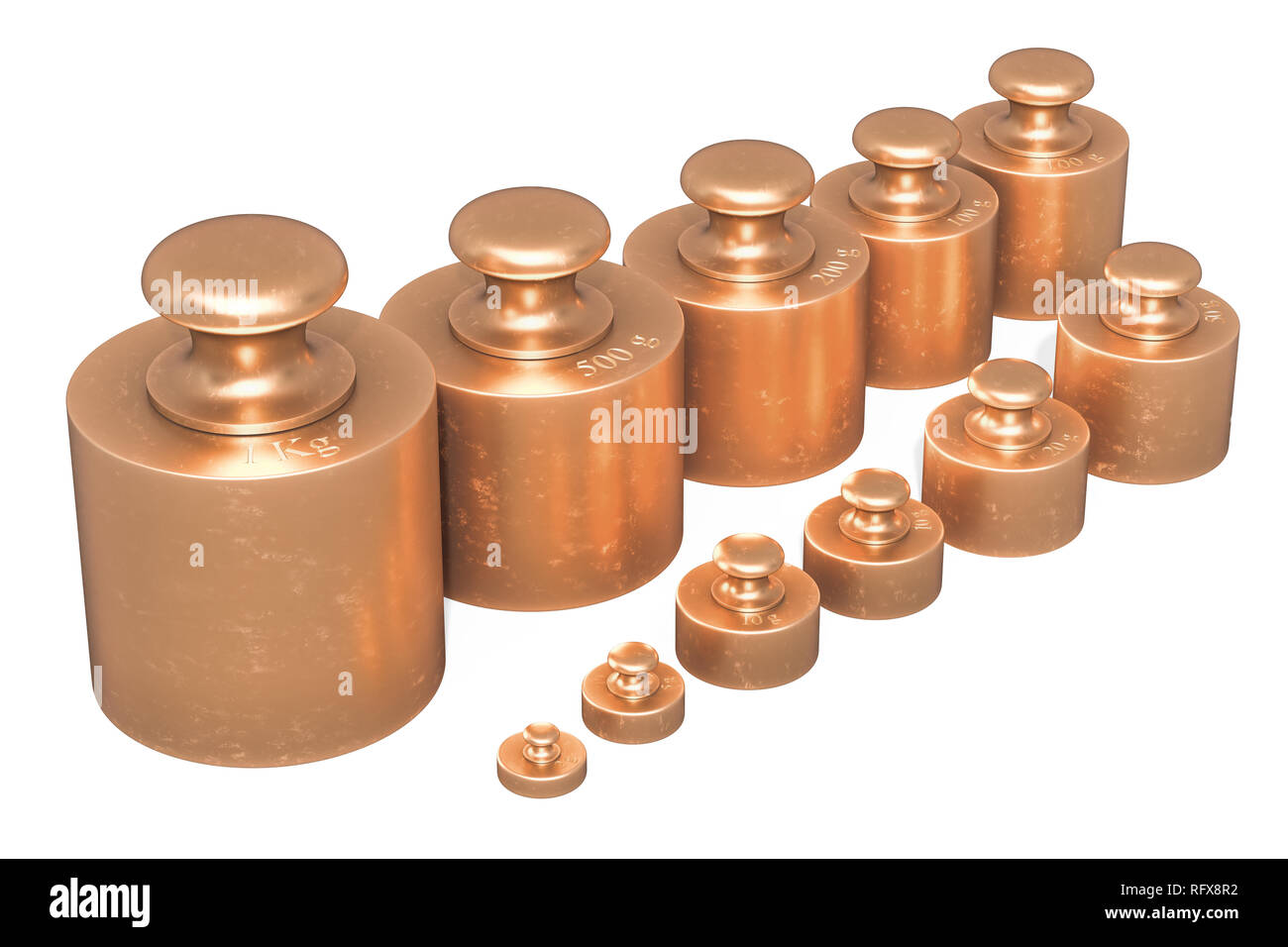 Scale Calibration Weights from brass, 3D rendering isolated on white background Stock Photo