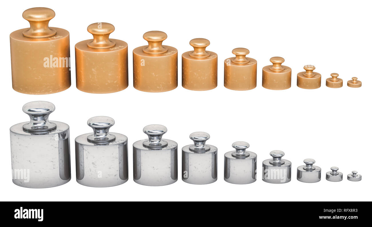 Set of Calibration Weights from brass and stainless steel, 3D rendering isolated on white background Stock Photo
