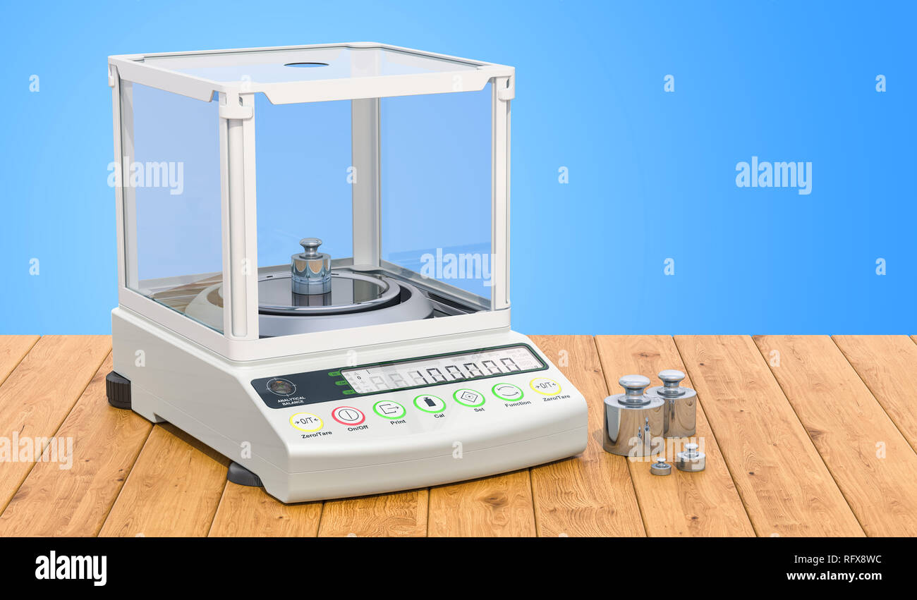 Analytical balance, digital lab scale with set calibration weight on the wooden table. 3D rendering Stock Photo