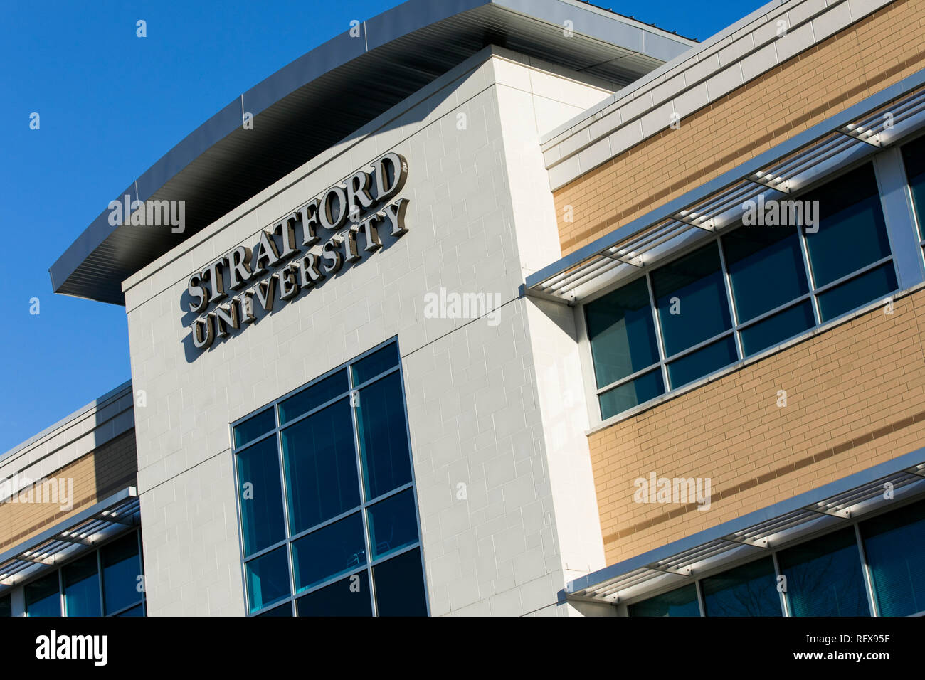 A logo sign outside of a facility occupied by Stratford University in Woodbridge, Virginia, on January 21, 2019. Stock Photo