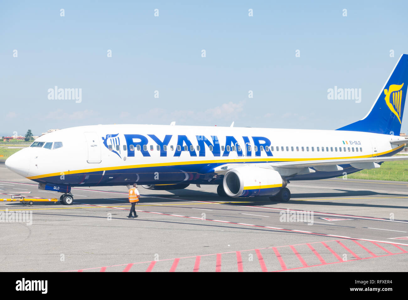 Ciampino, Italy - September 6, 2018: Ryanair airplane domestic European Union flight low-cost cheap airline wing with sign outside in Rome airport and Stock Photo