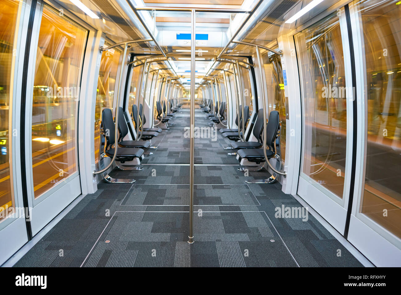 DOHA, QATAR - CIRCA MAY, 2017: inside a train at Hamad International ...