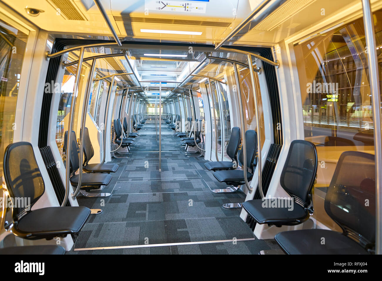 DOHA, QATAR - CIRCA MAY, 2017: inside a train at Hamad International ...