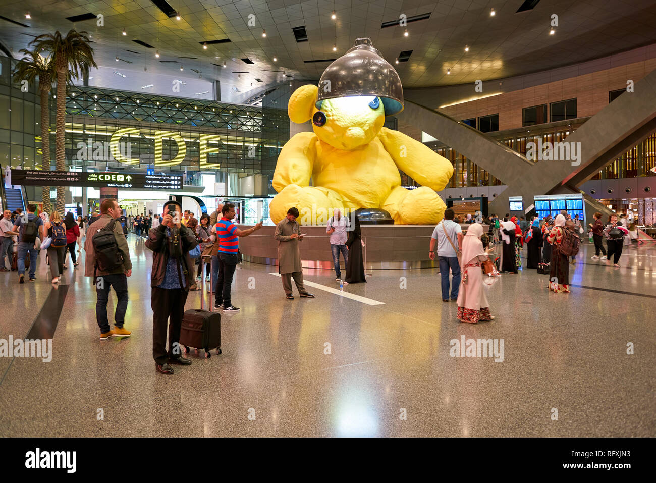 DOHA, QATAR CIRCA MAY, 2017 Teddy bear at Hamad International Airport of Doha, the capital